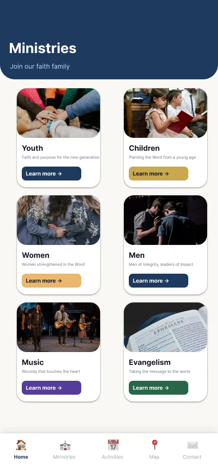 Church App ministries screen