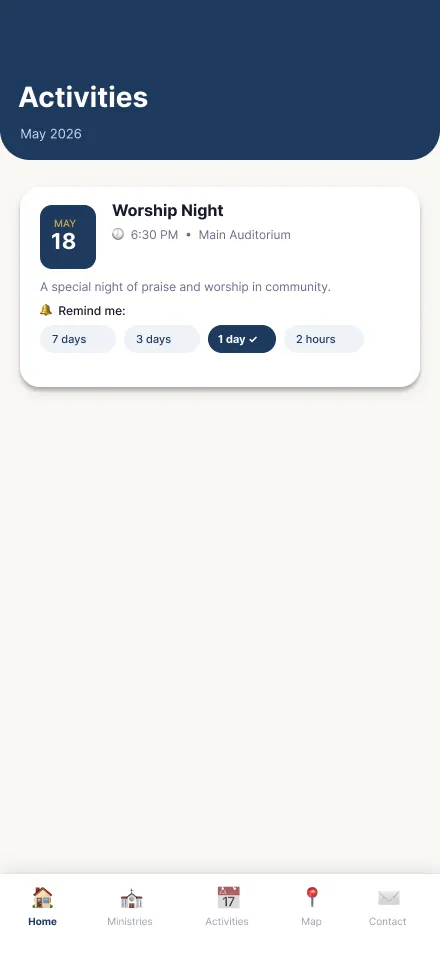 Church App activities screen