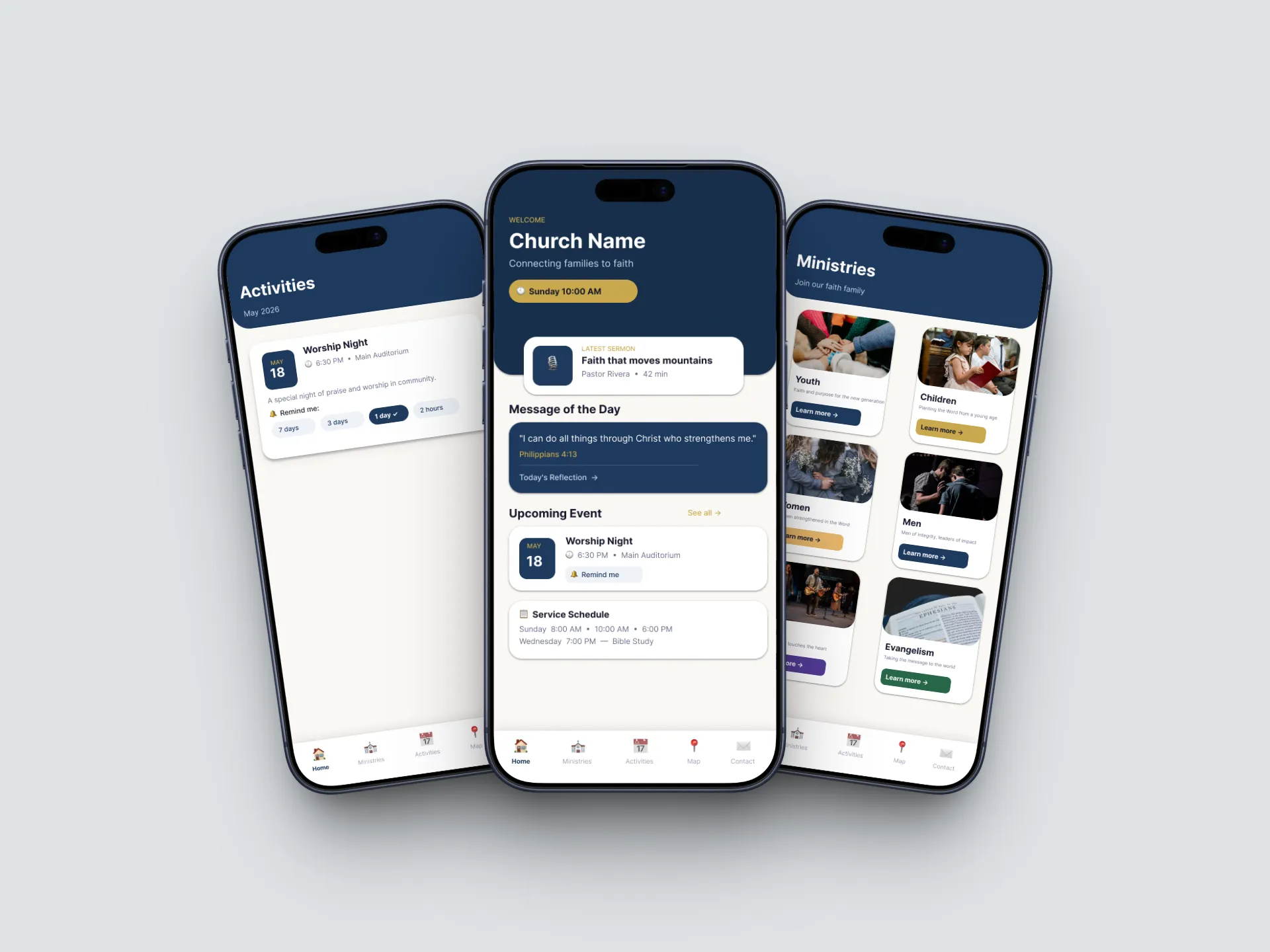 Church App home, ministries and activities screens